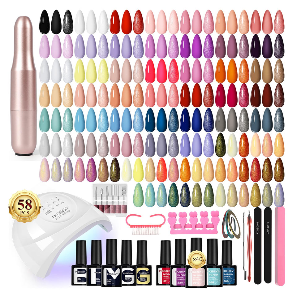 phoenixy front packaging showing complete gel nail kit and contents, convenient all-in-one