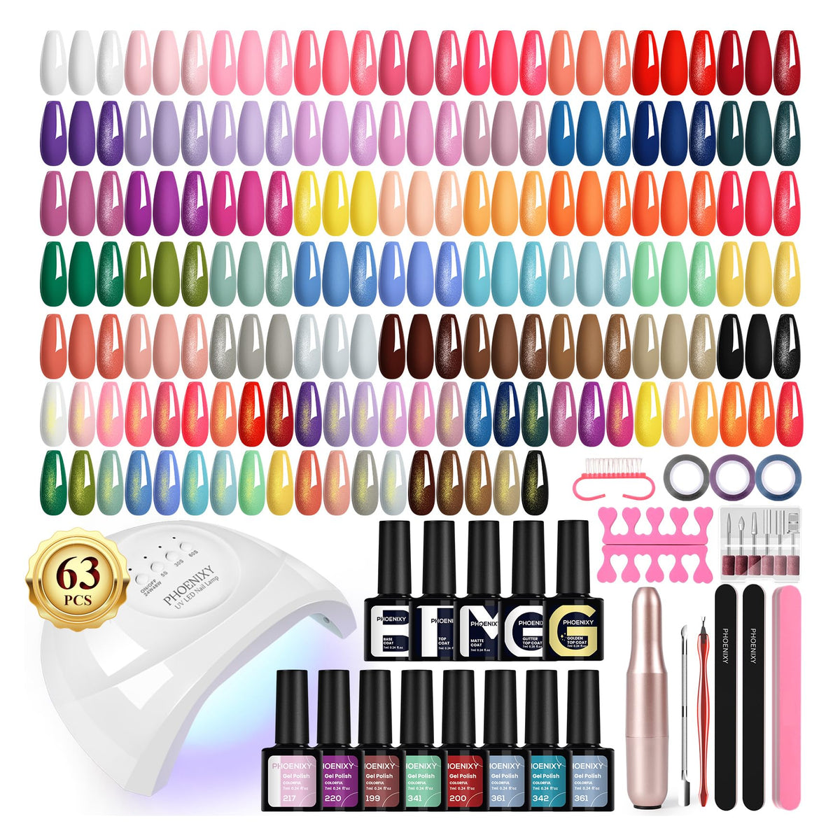 phoenixy front packaging showing full 63-piece kit and organized contents