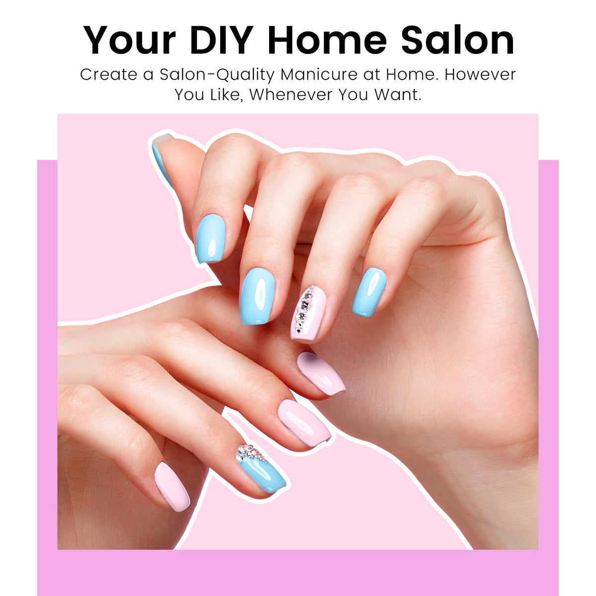 phoenixy hand using manicure kit under lamp, easy at-home salon results