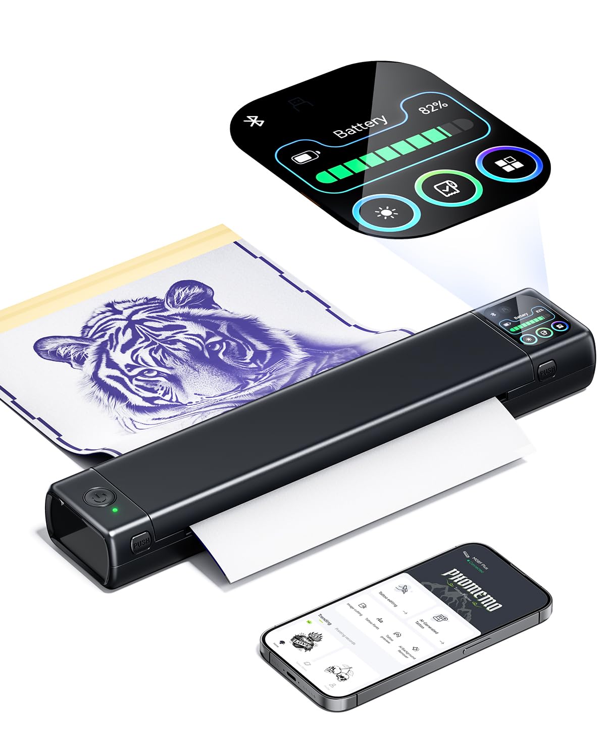 Phomemo front view showing compact stencil printer and controls delivery-ready