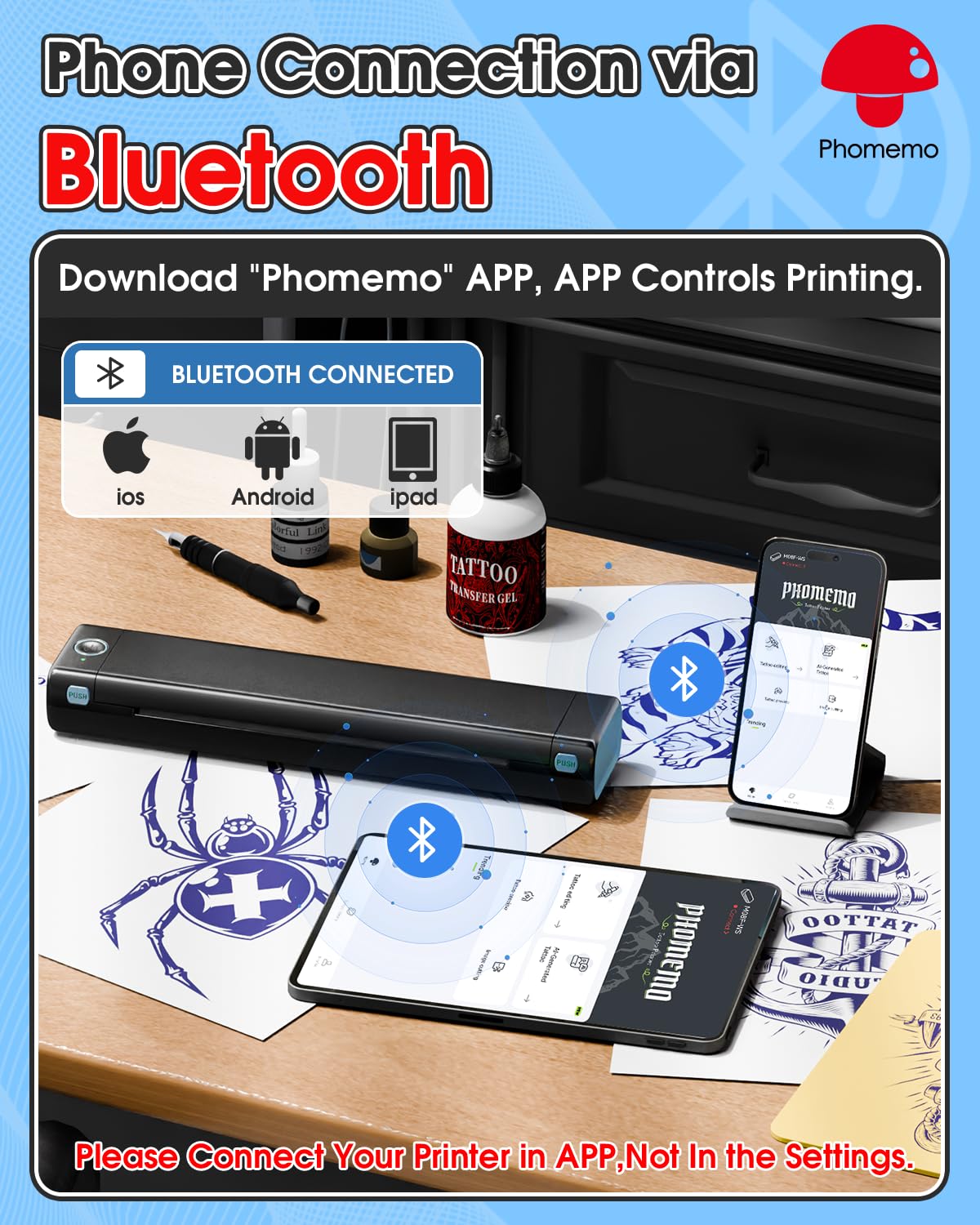 Phomemo M08F paired with smartphone in Phomemo app for quick edits benefit