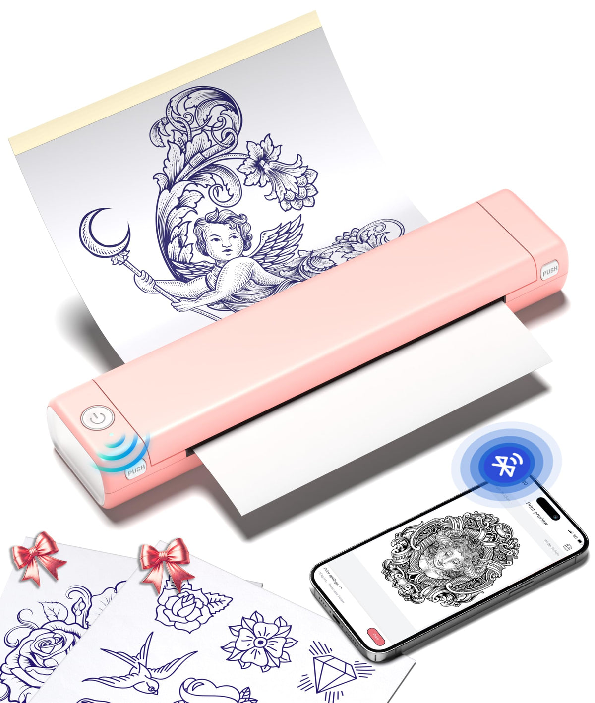 Phomemo M08F front view showing pink finish and compact design, ideal for studio portability