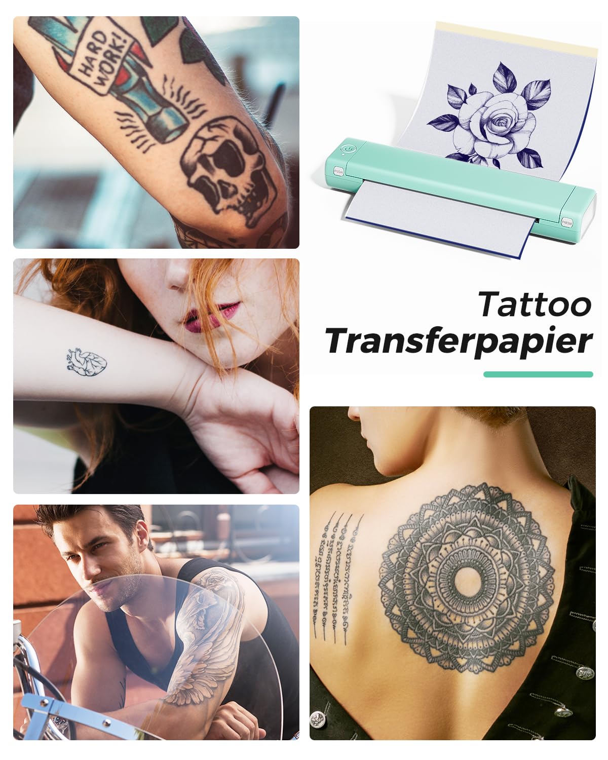 Phomemo M08F in tattoo studio lifestyle shot illustrating on-site convenience