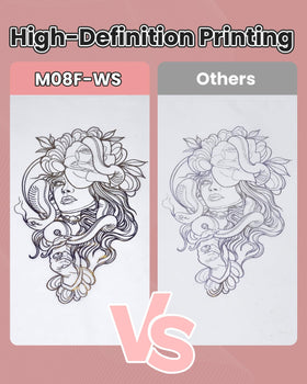 Phomemo M08F on a tattoo workstation, illustrating real-use benefits for artists