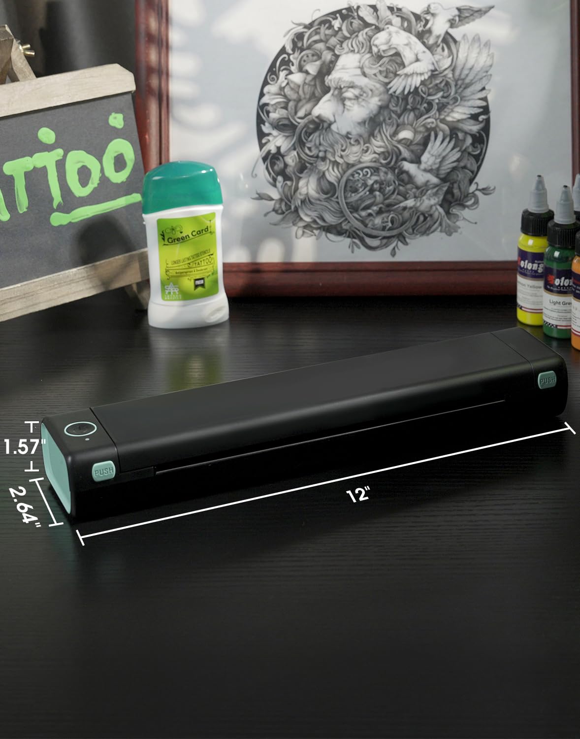Phomemo M08F in tattoo studio lifestyle showing streamlined, cable-free workflow