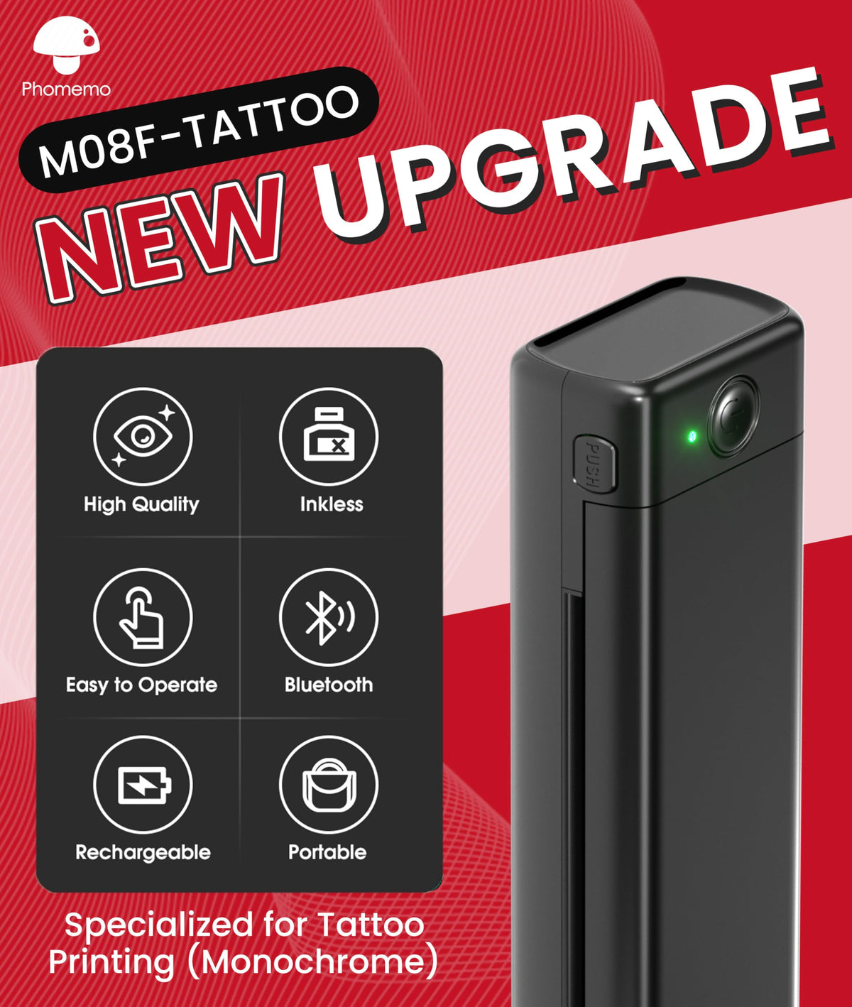 Phomemo M08F side profile highlighting ports and battery for mobile convenience