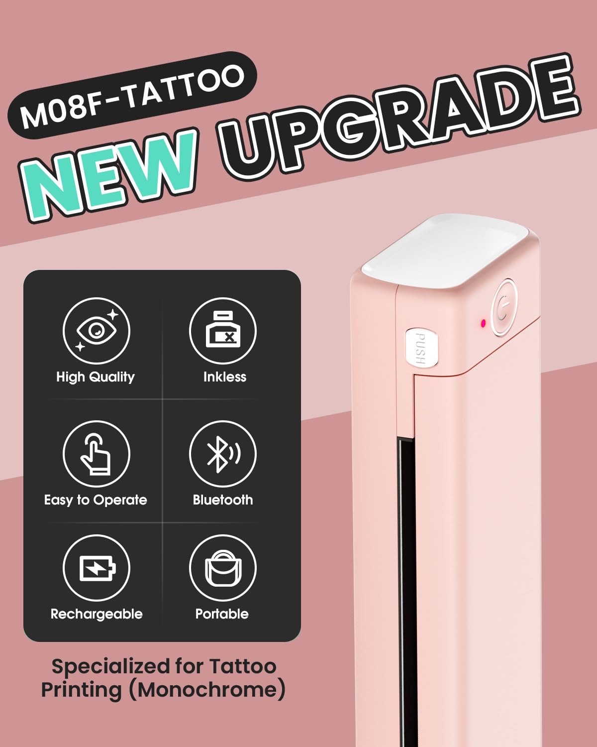 Phomemo M08F side profile revealing USB port and battery access for easy charging