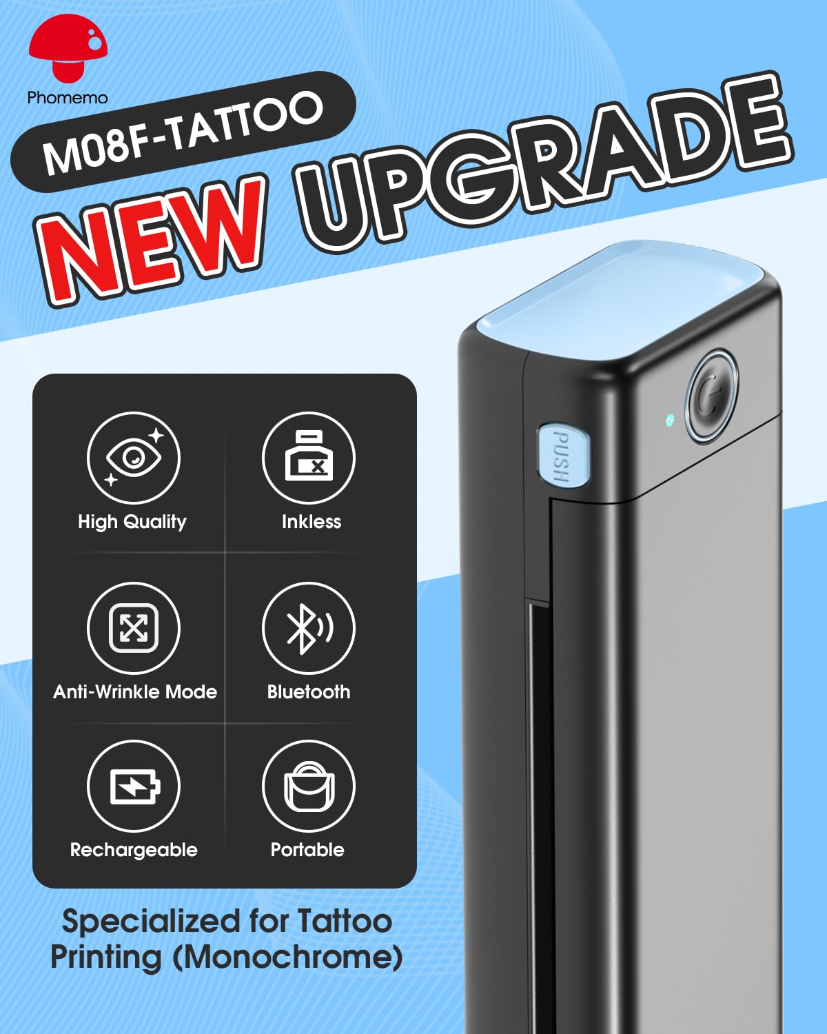 Phomemo M08F side profile highlighting slim design and easy handling benefit