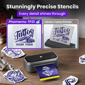 Phomemo TP31 held in hand printing a stencil showing portability benefit