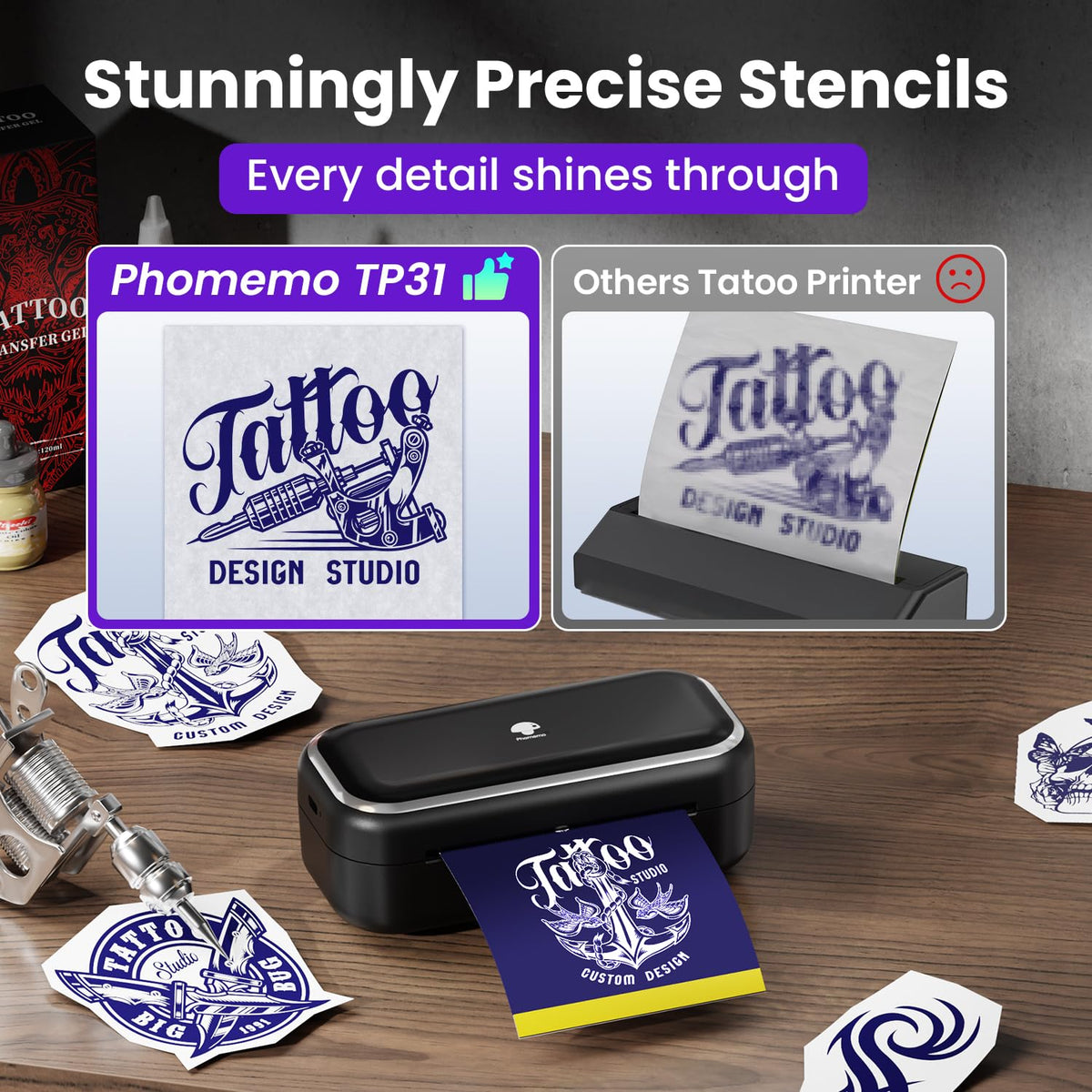 Phomemo TP31 printing a tattoo stencil showing fast, clean transfer output