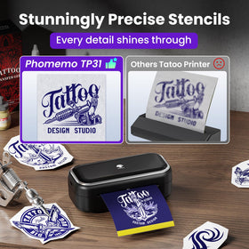 Phomemo TP31 printing a tattoo stencil showing fast, clean transfer output