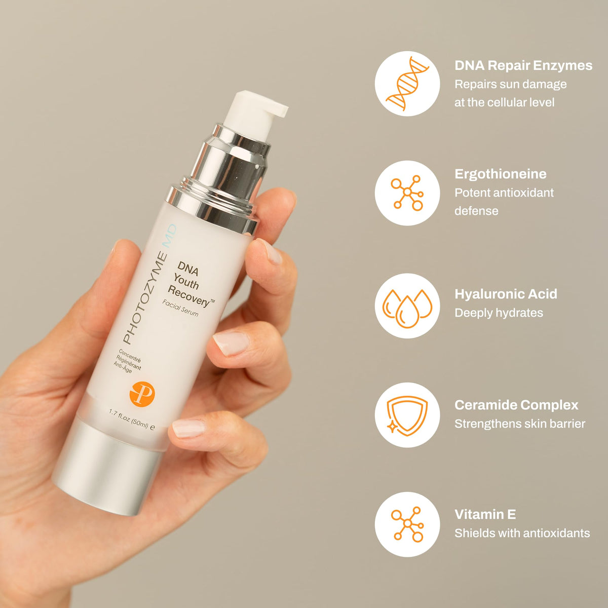 Photozyme dropper dispensing serum demonstrating precise application and hygiene