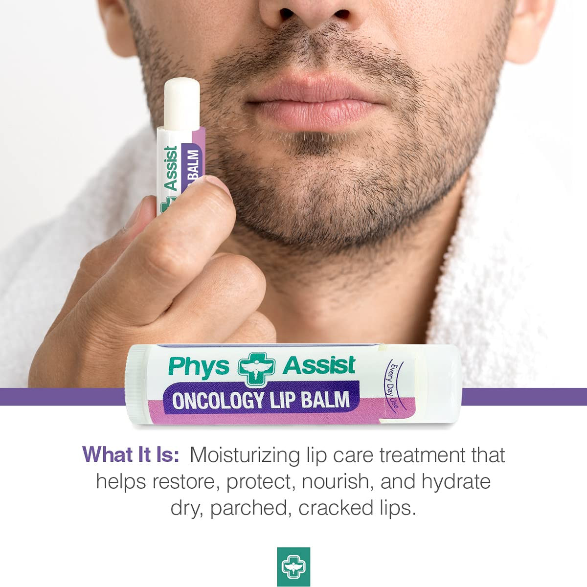 PhysAssist lip balm next to coin showing compact size and portability benefit