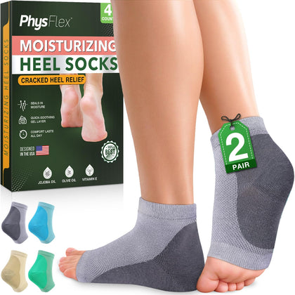 PhysFlex front packaging showing four gel heel socks, communicates value