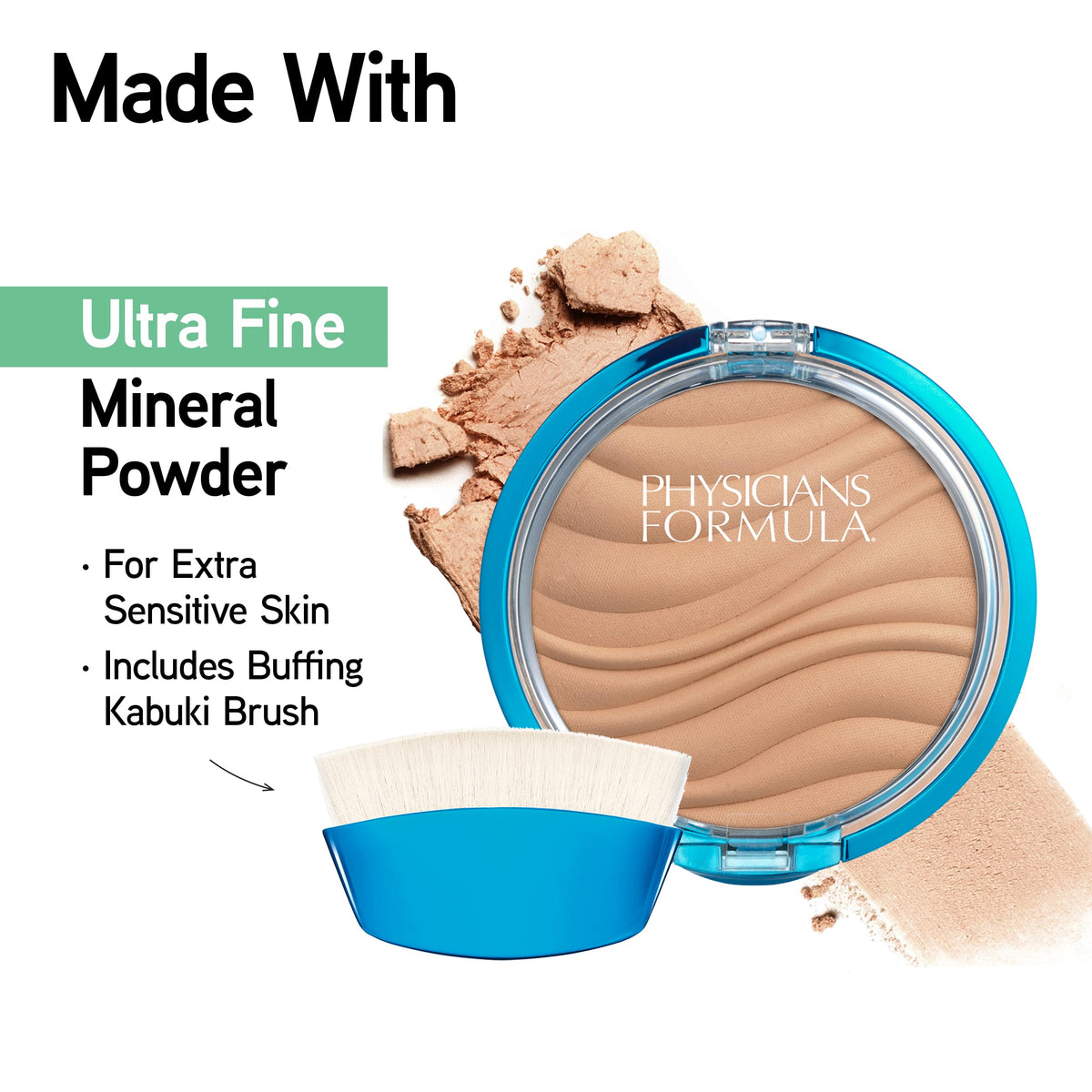 Physicians Formula close-up of pressed powder texture showing fine particles for smooth finish