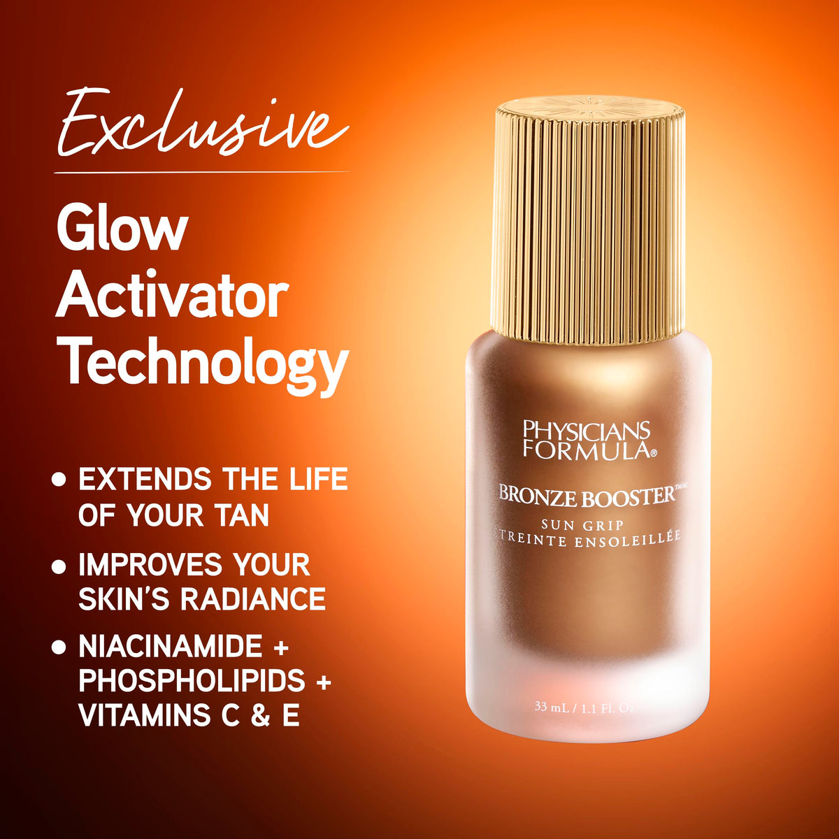 Physicians Formula bronze booster label detail showing Glow Activator Technology ingredients