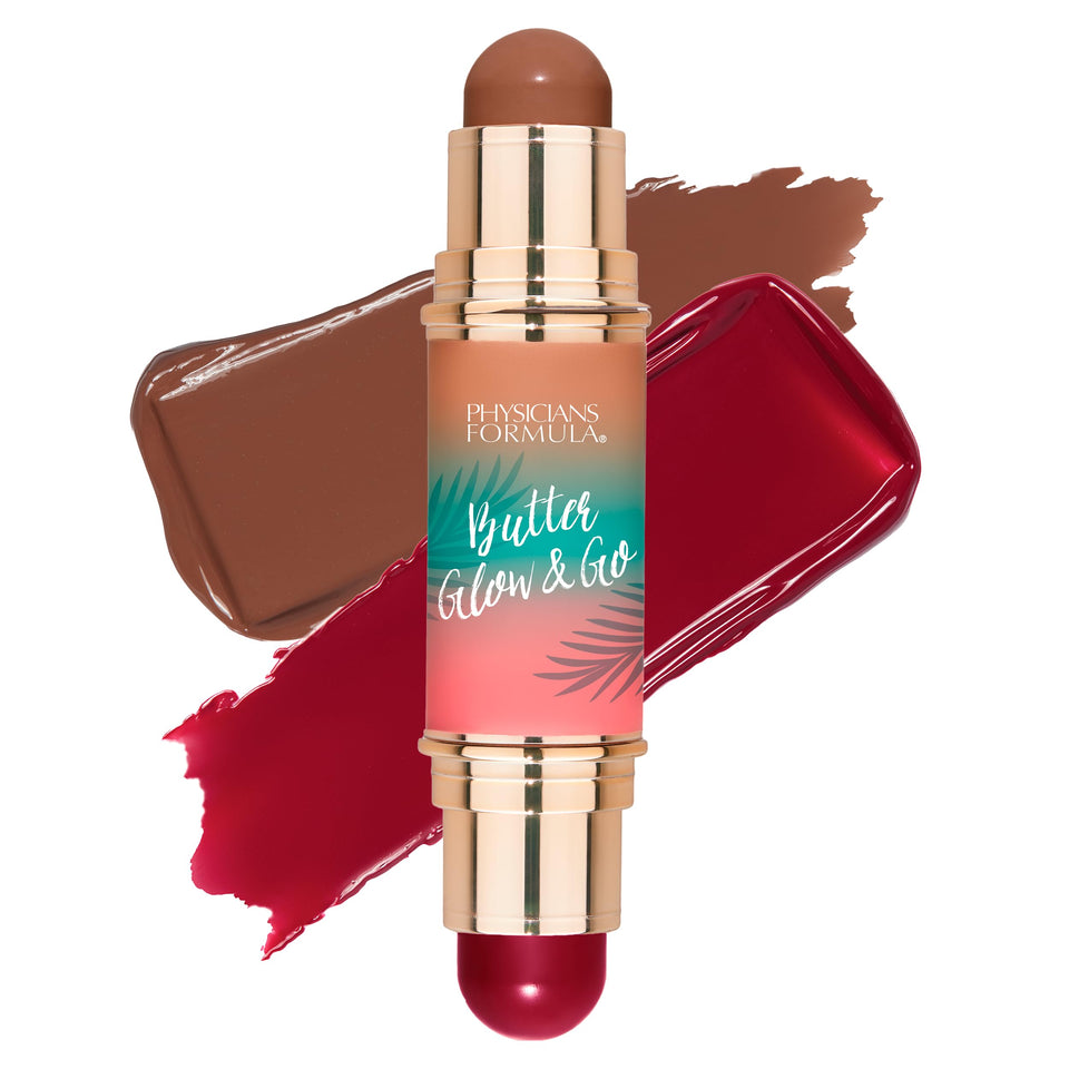 Physicians Formula Butter Glow & Go front packaging showing dual-ended stick and shade names for easy selection