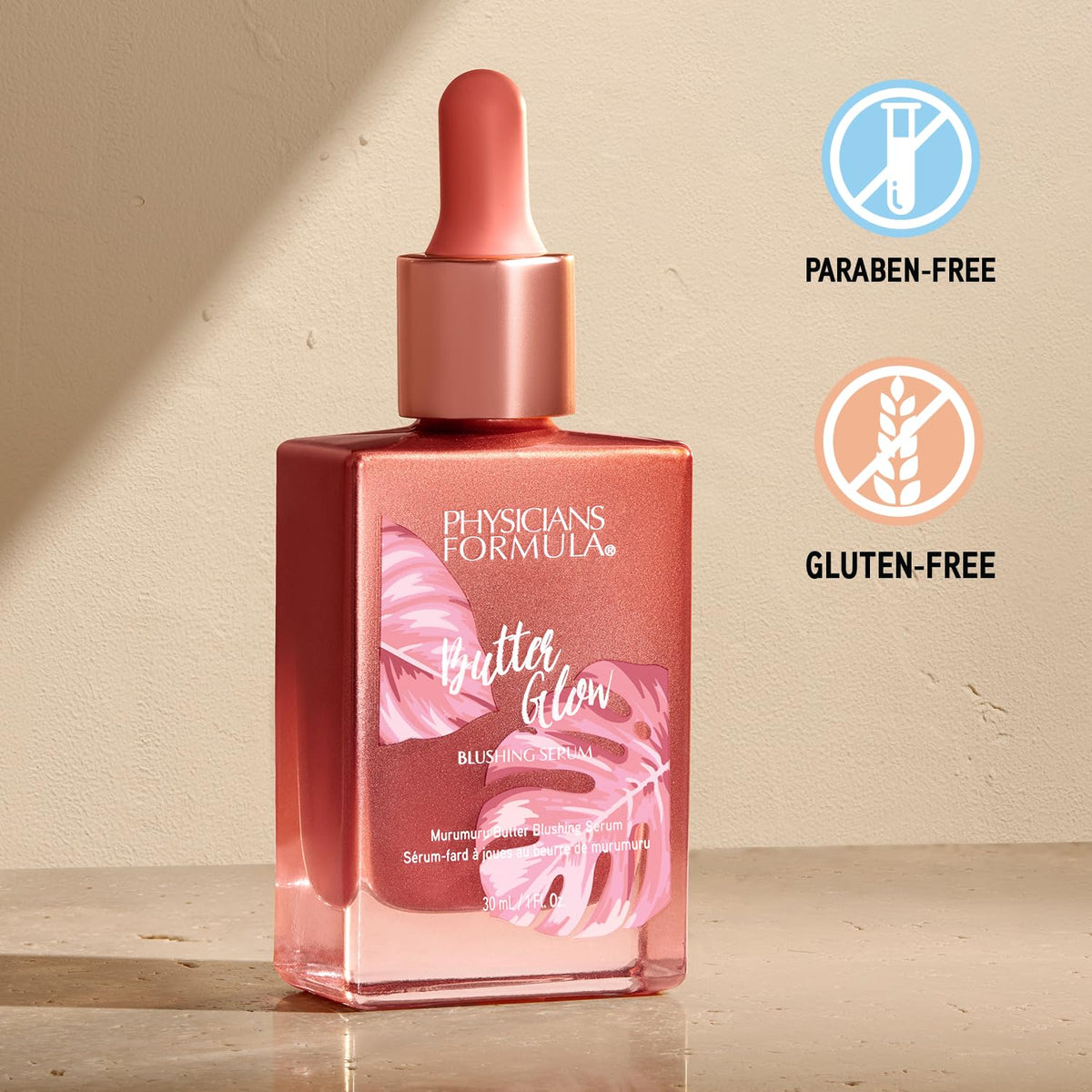 Physicians Formula swatch of serum on skin illustrating blendable color payoff and finish