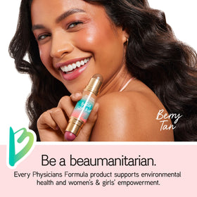 Physicians Formula swatches of Berry Tan showing velvet and glow finishes and buildable color