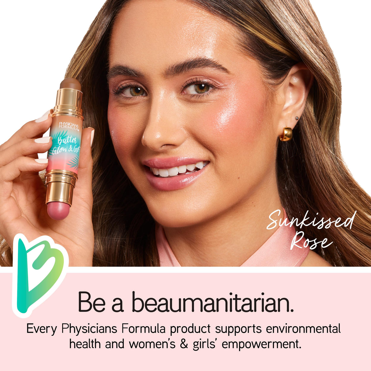 Physicians Formula stick held in hand to show compact size and easy portability benefit