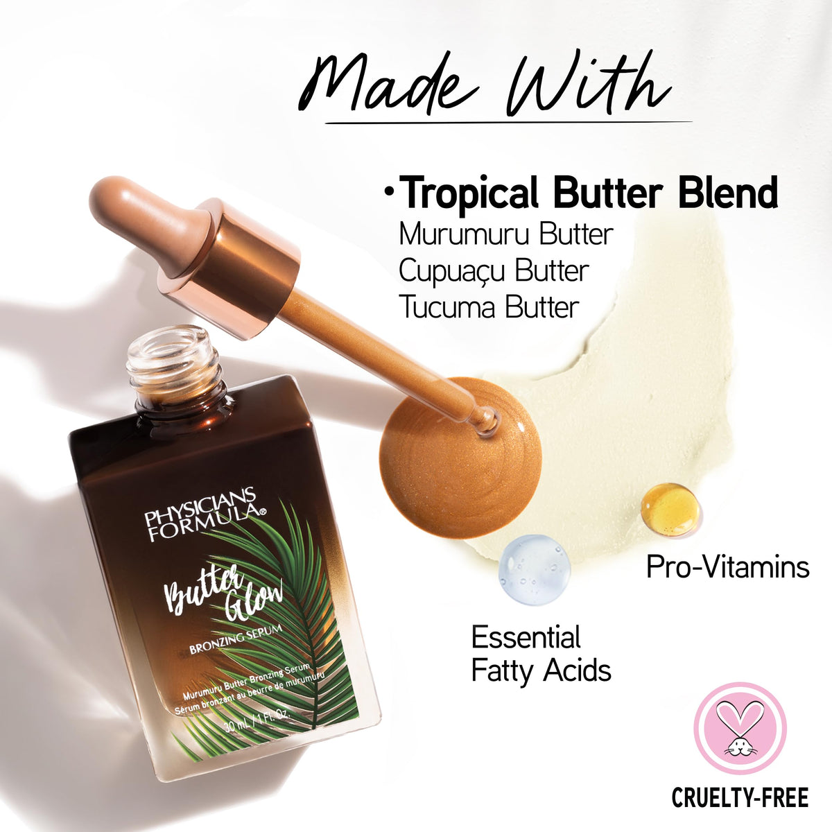 Physicians Formula texture close-up of serum drop, highlights smooth blendability benefit