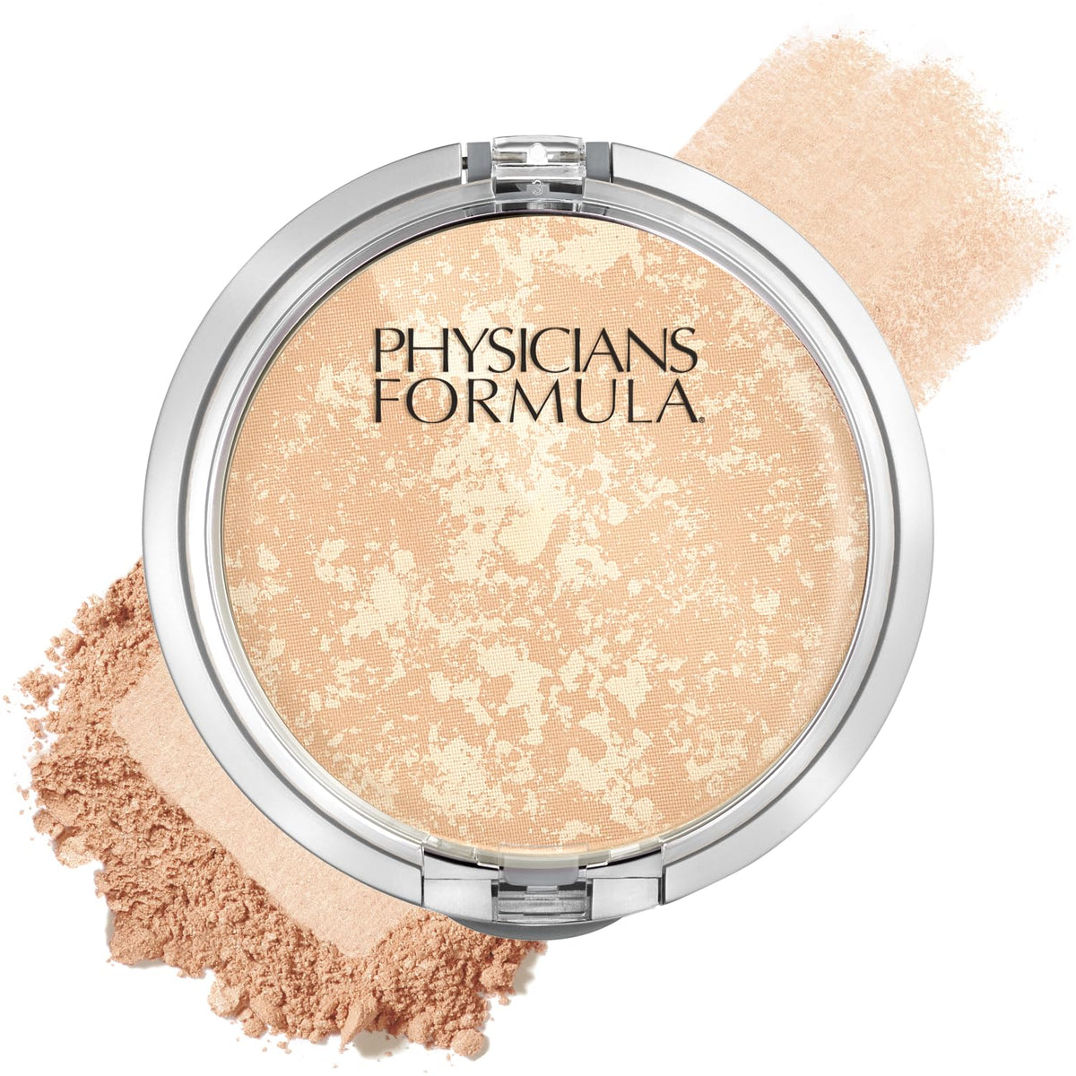 Physicians Formula compact front view showing translucent powder and clean design, easy touch-ups