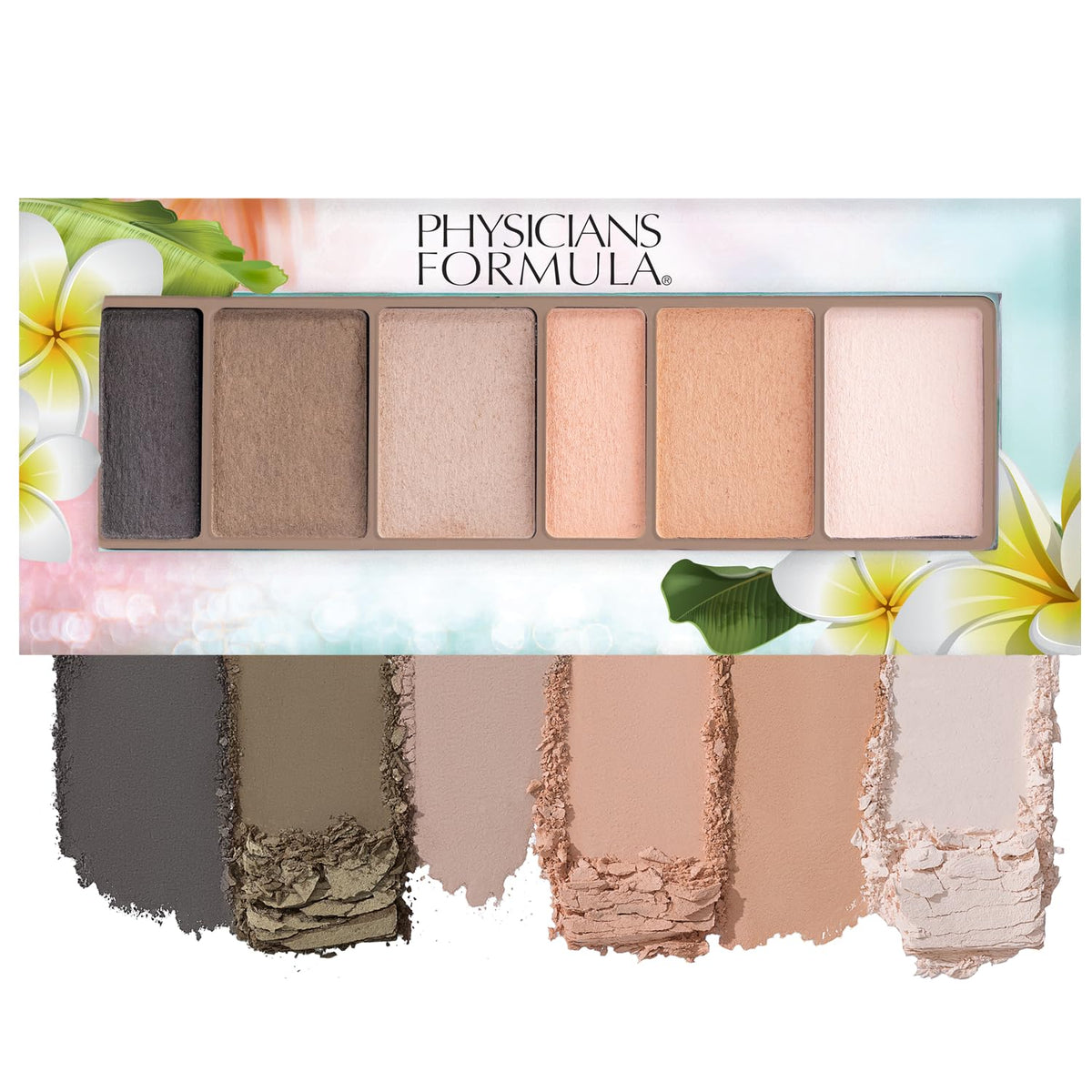 Physicians Formula front palette view showing six matte blushed nudes benefits soft, neutral looks