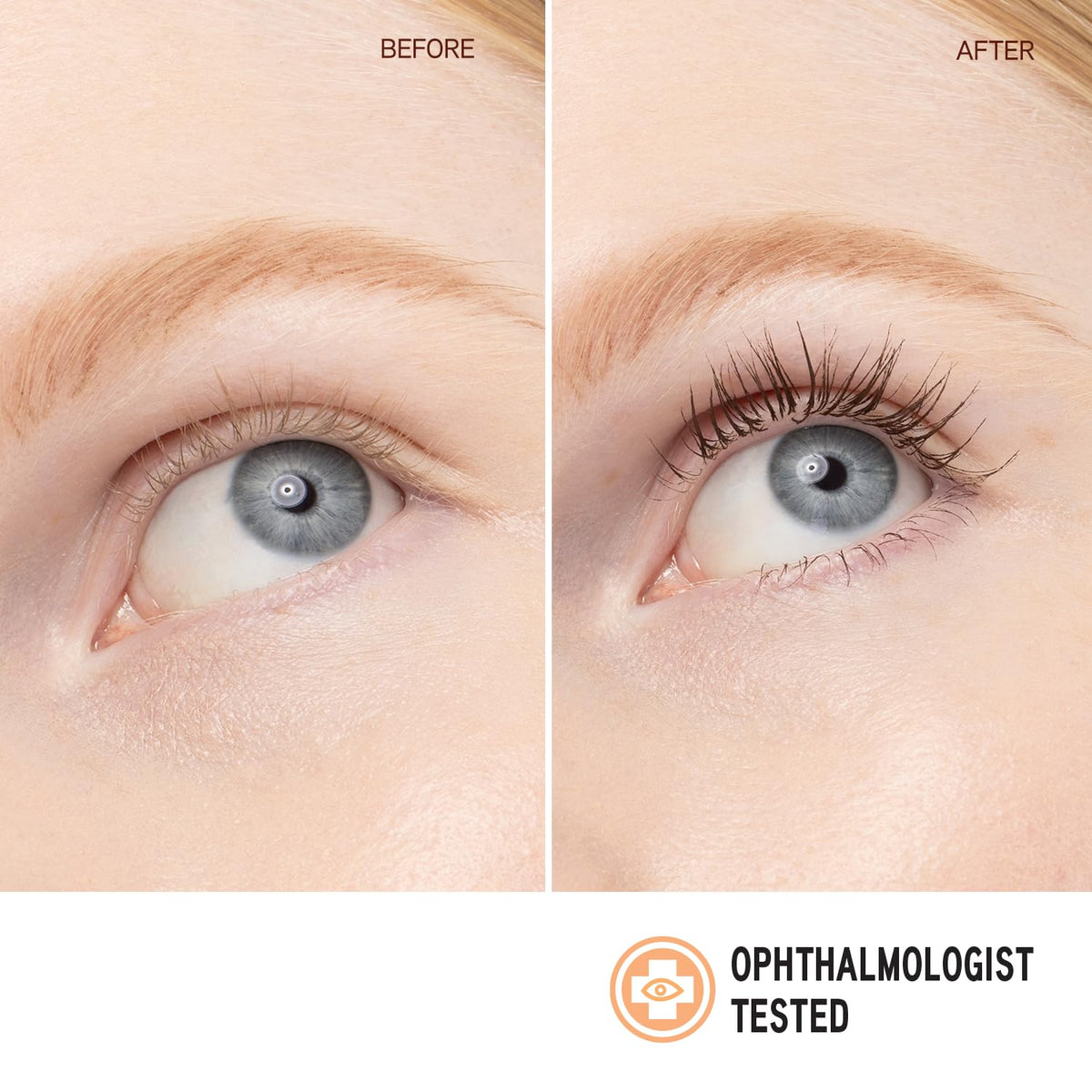 Physicians Formula before and after lashes showing lengthening effect