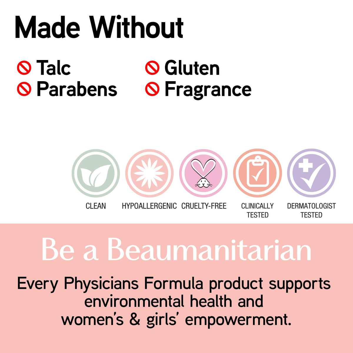 Physicians Formula packaging label detail showing talc-free formula and gentle ingredients