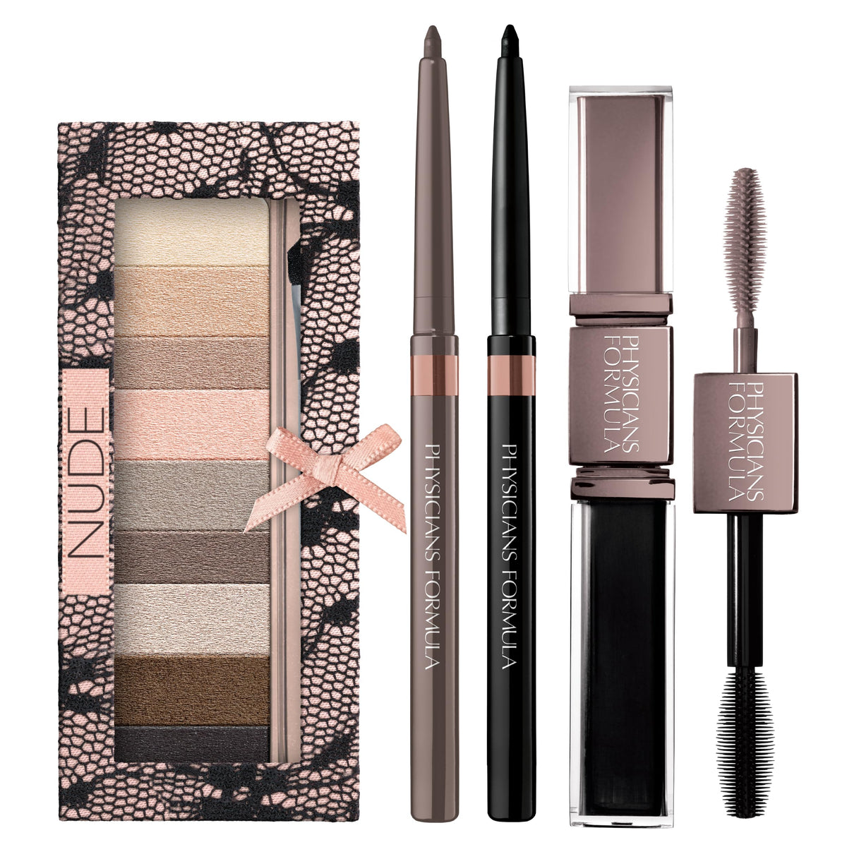 Physicians Formula front palette open showing nine nude shades and tools for versatile looks