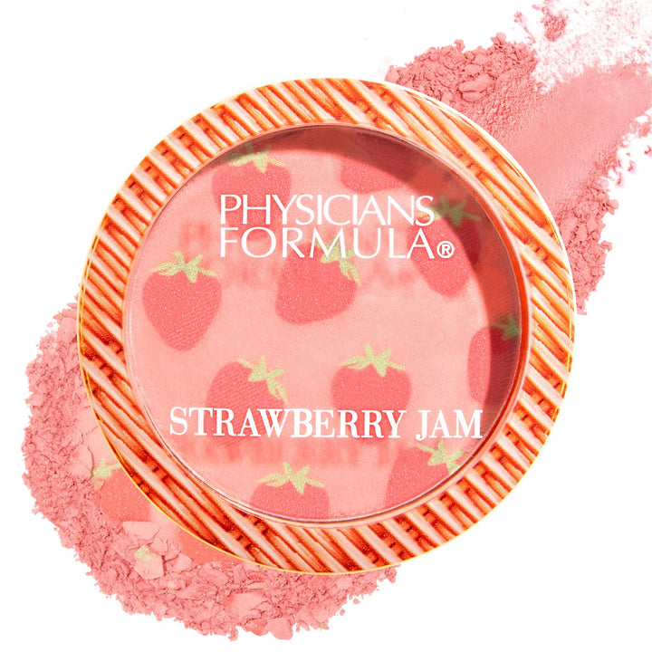 Physicians Formula front compact showing shimmery pink blush and packaging benefit of clean formula