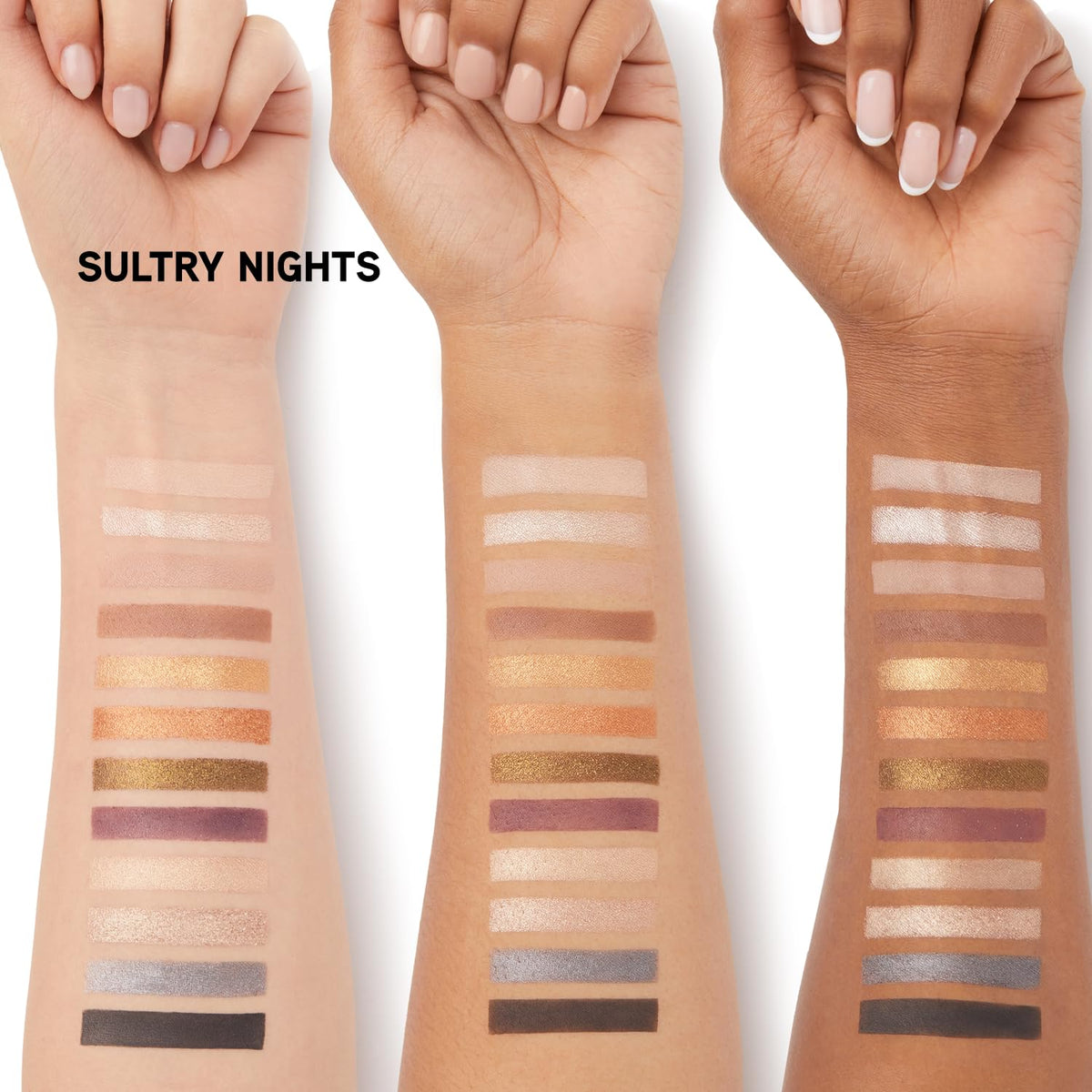 Physicians Formula swatches on arm under light, true-to-pan pigment demonstration