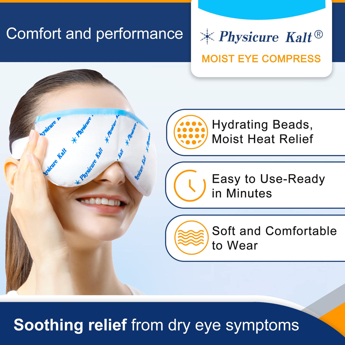 Physicure Kalt mask in use over closed eyes providing soothing warm relief