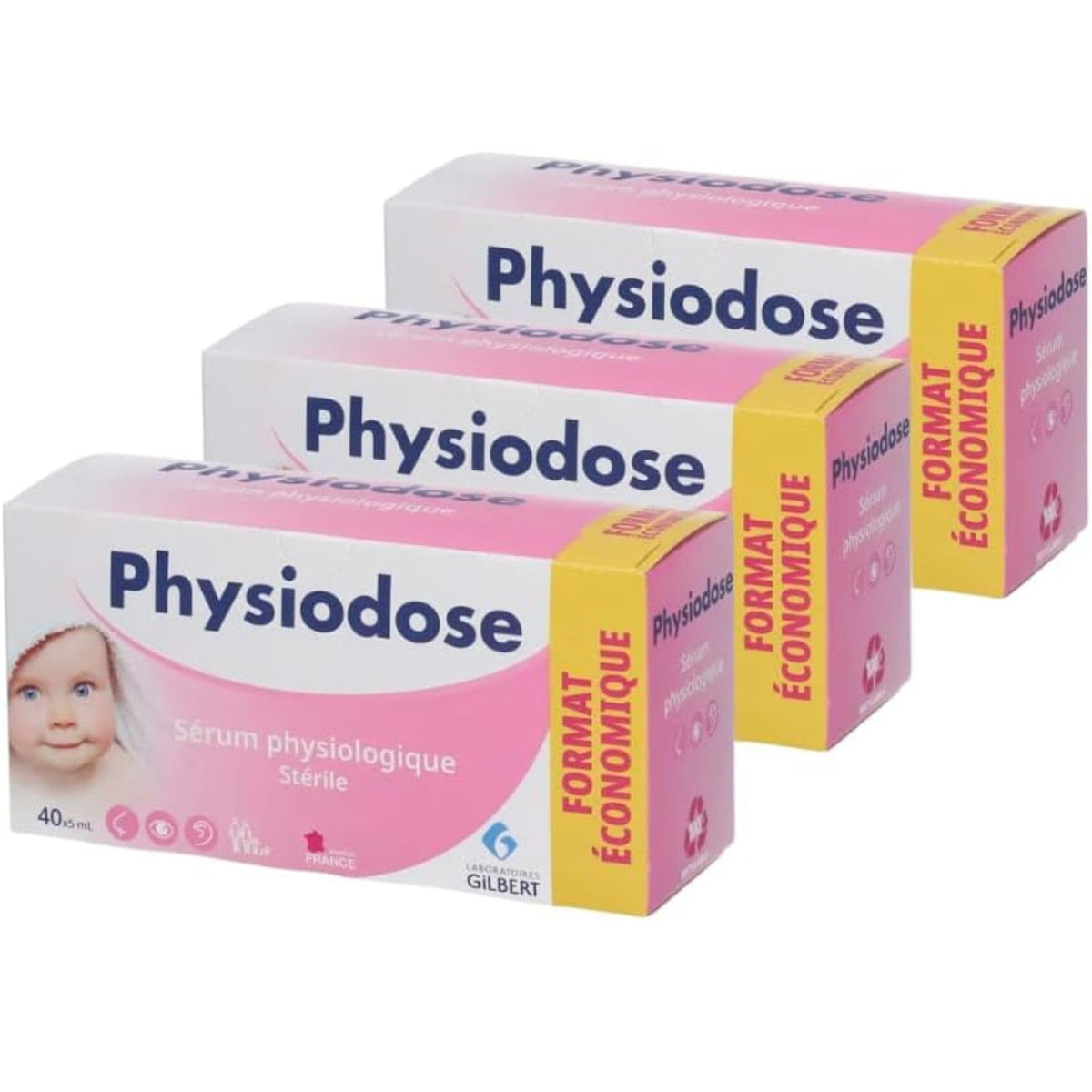 Physiodose box and single‑dose vial showing sterile saline for gentle nasal and eye hygiene