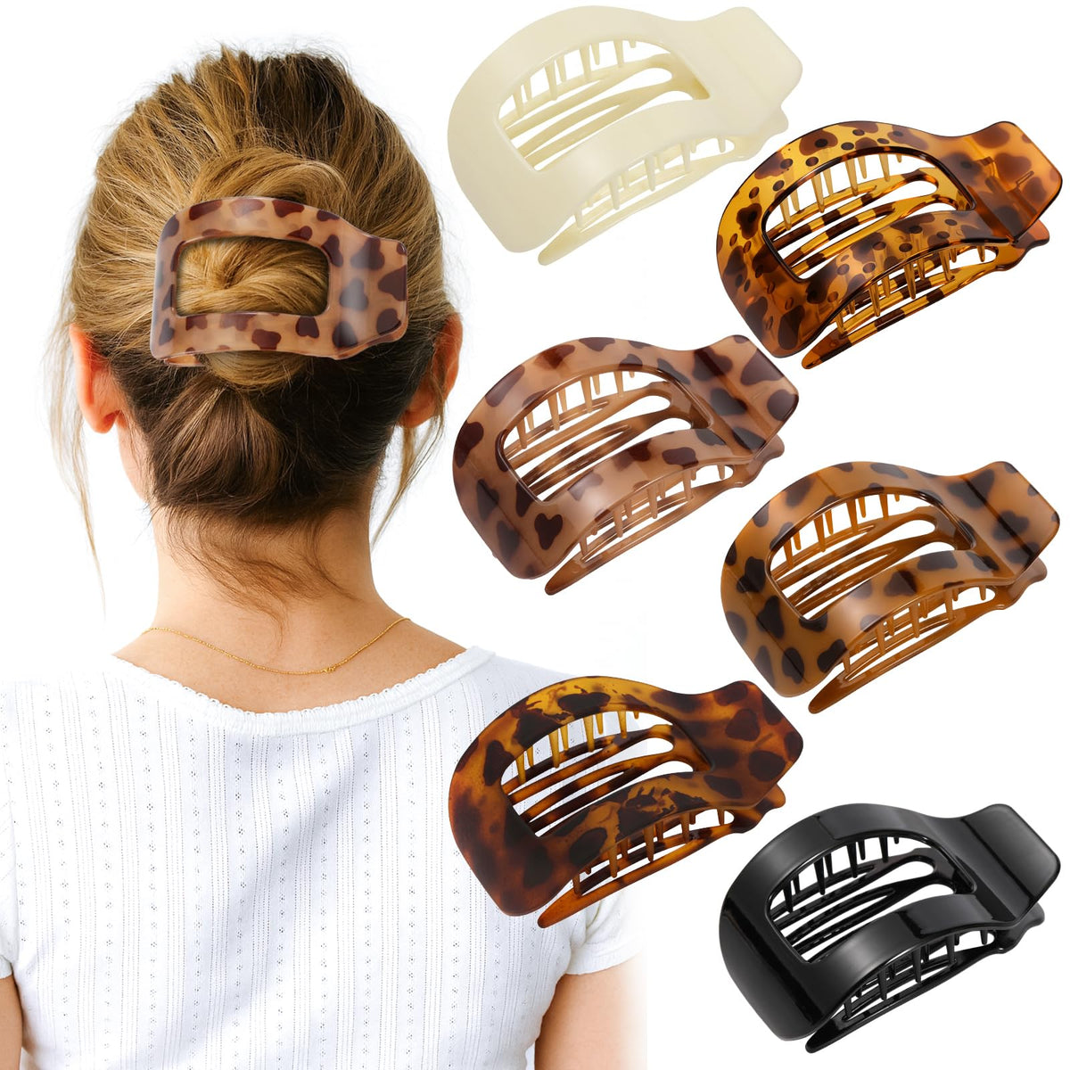 Phyzylvia front view of six flat hair clips showing tortoise and neutral tones for versatile styling
