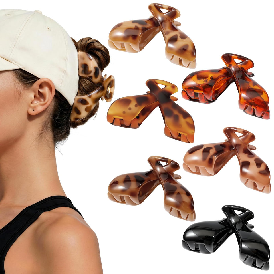 Phyzylvia front view of six hat claw clips showing colors and packaging, easy selection benefit