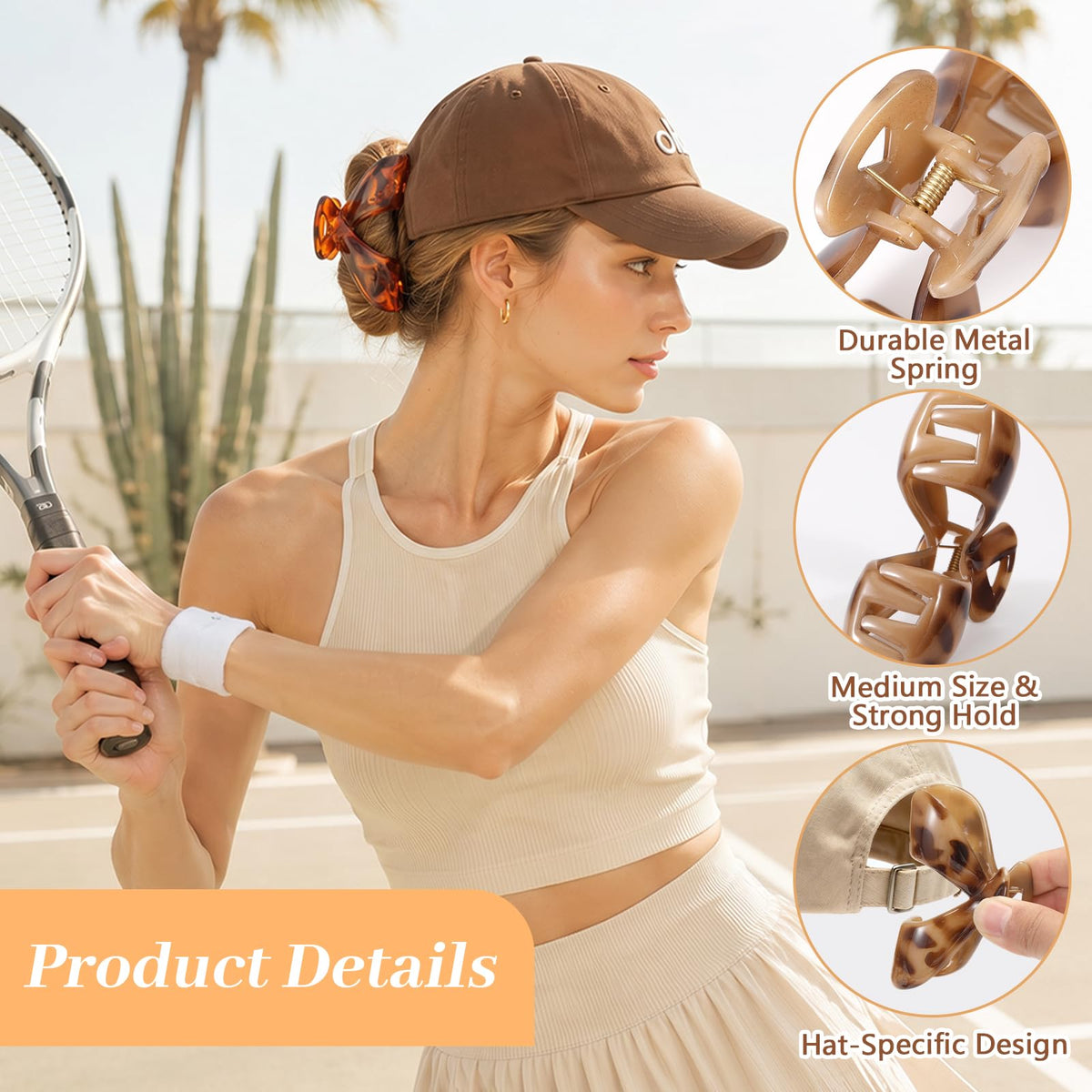 Phyzylvia clip attached to a baseball cap strap showing hollow center, comfortable hat fit benefit