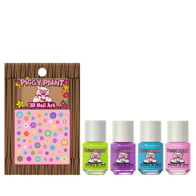 Piggy Paint mini bottles lined up showing color choices and safety