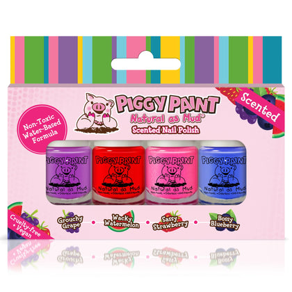 Piggy Paint front packaging showing four scented kid-friendly colors and fun design