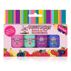 Piggy Paint front packaging showing four scented mini bottles and kid-safe benefits