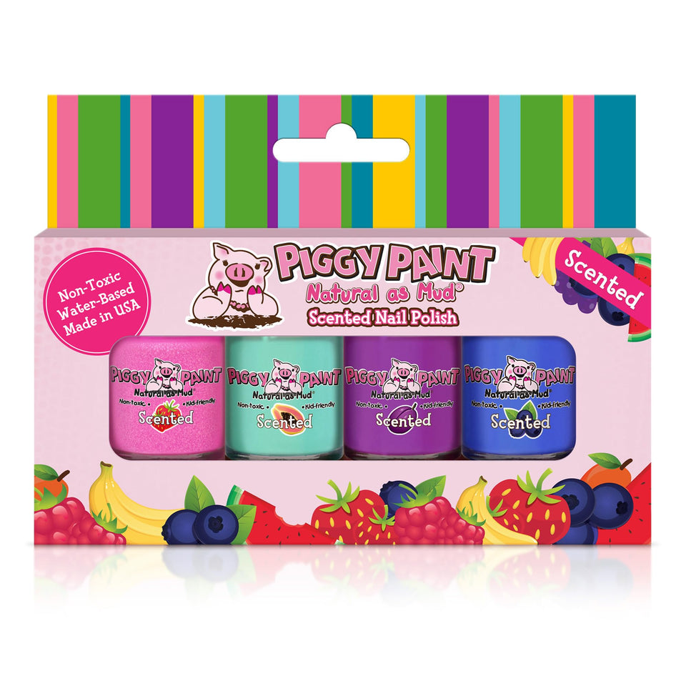 Piggy Paint front packaging showing four scented mini bottles and kid-safe benefits
