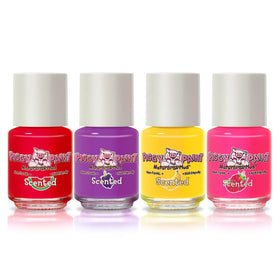 Top view of Piggy Paint mini bottles lined up, highlighting compact travel-friendly design