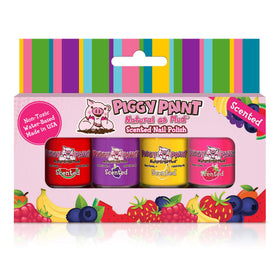 Piggy Paint scented 4-pack front view showing colorful mini bottles and safe formula benefits