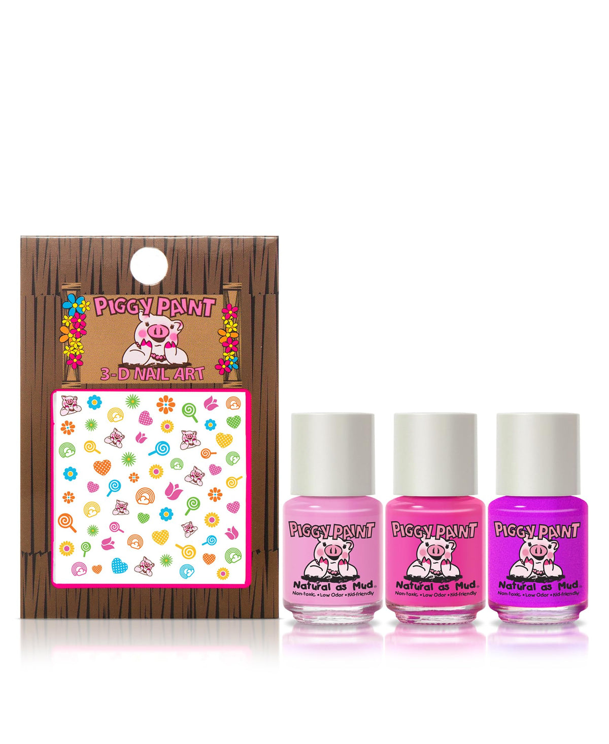 Piggy Paint three mini bottles closeup highlighting bright non-toxic colors
