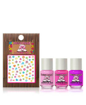 Piggy Paint three mini bottles closeup highlighting bright non-toxic colors