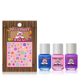 Piggy Paint three mini bottles top view displaying colors and brush caps