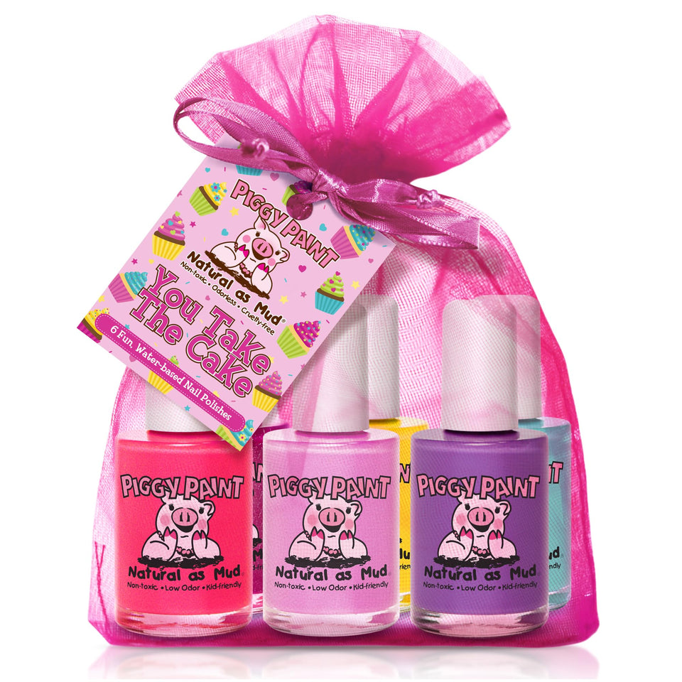 Piggy Paint front packaging showing six non-toxic polishes and cheerful colors