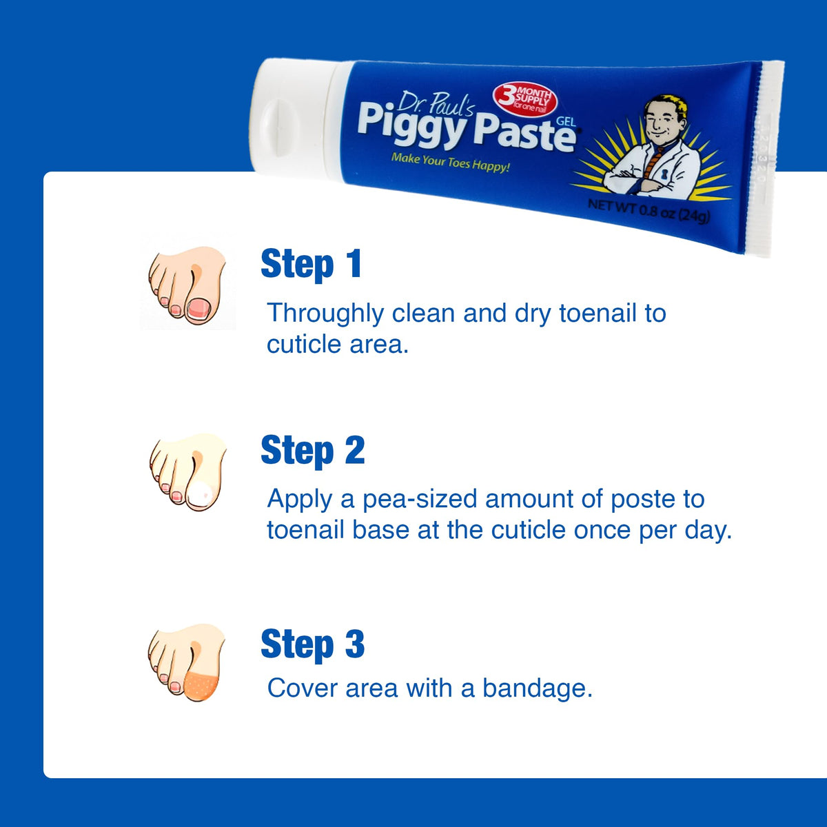 Piggy Paste applied to toenail in use, brand helps reduce thick nail buildup