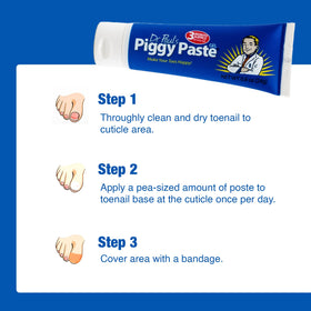 Piggy Paste applied to toenail in use, brand helps reduce thick nail buildup