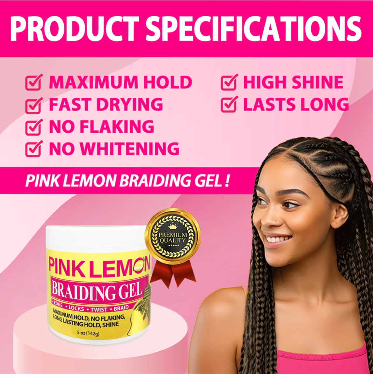 PINK LEMON applying gel to braid for secure long-lasting hold